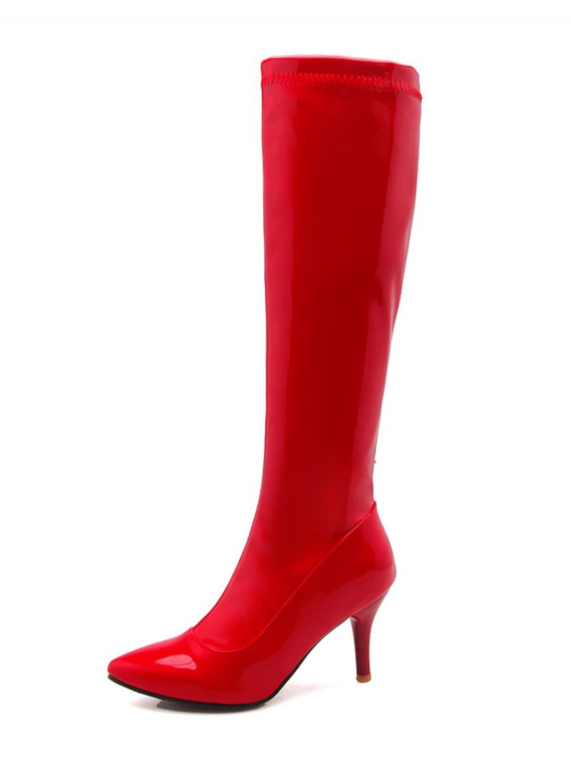 Bottes Hautes Pour Femmes À Talons Aiguilles Cuir Brillant Bout Pointu Et Verni - Rouge