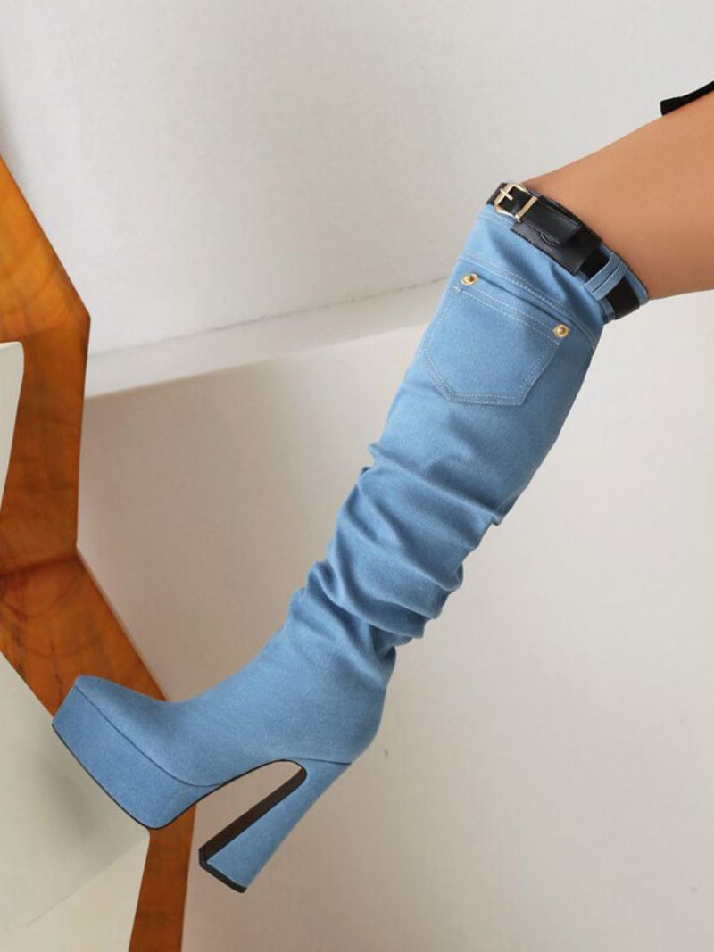 Bottes Hautes Jean Pour Femmes À Talons Épais Avec Boucle Plateforme - Bleu Ciel Clair