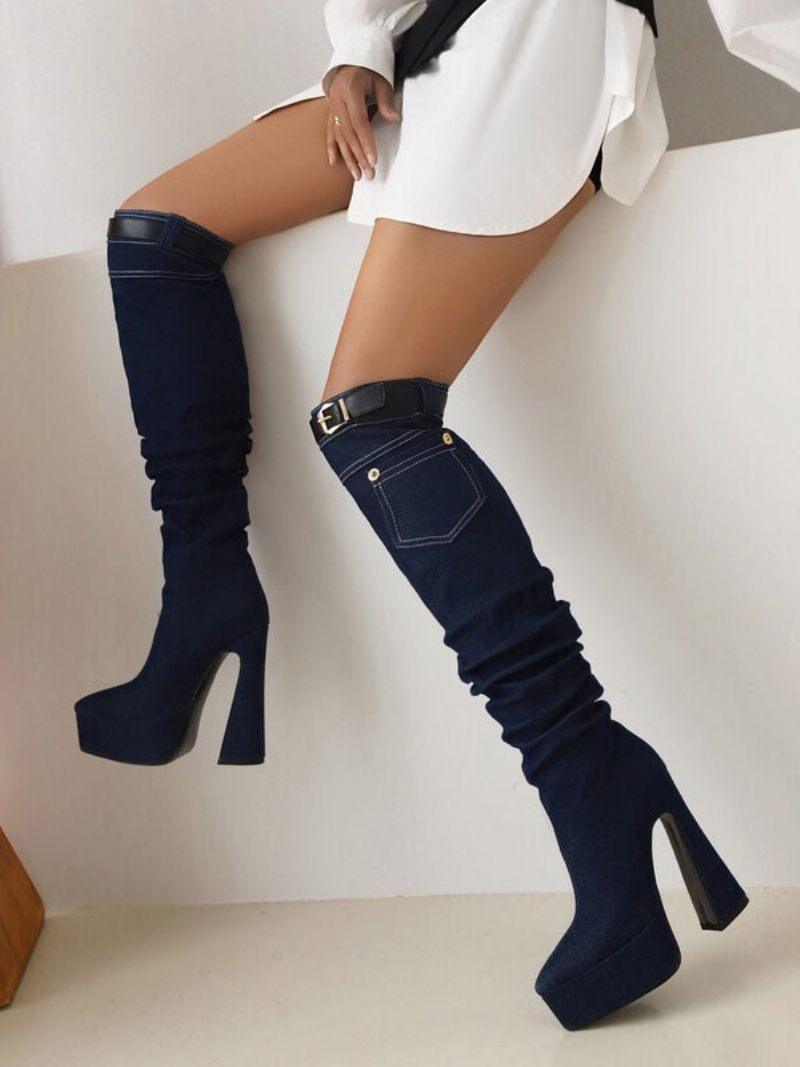 Bottes Hautes Jean Pour Femmes À Talons Épais Avec Boucle Plateforme - Bleu Profond