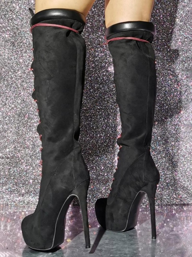 Bottes Hautes À Lacets Pour Femmes Sexy Daim - Noir