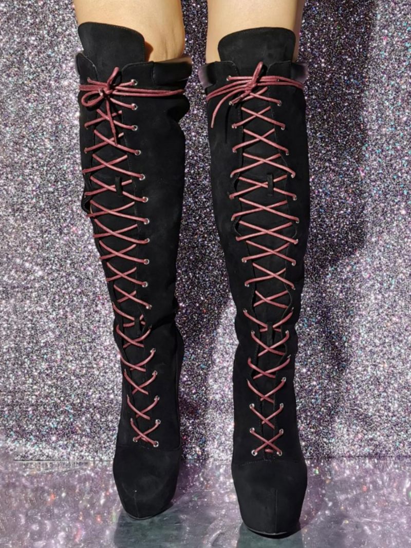 Bottes Hautes À Lacets Pour Femmes Sexy Daim - Noir