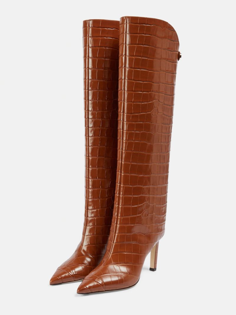 Bottes Hautes Marron Pour Femmes À Mollets Larges Bout Pointu Avec Motif Animal