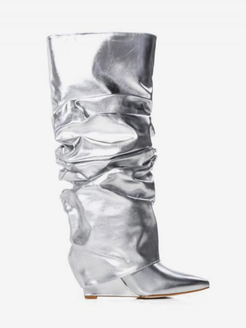 Bottes Hautes Métalliques Pour Femmes Bout Pointu Argenté Souples À Talons Compensés Pliables - Argent