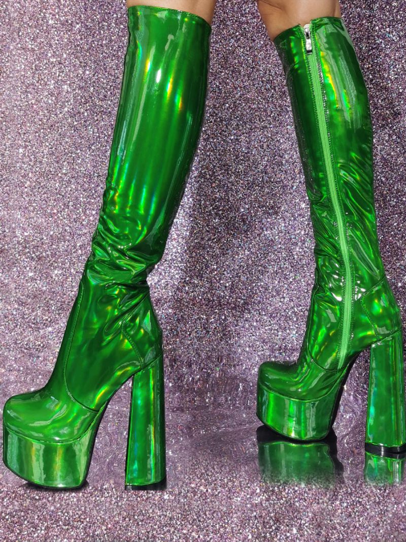 Bottes Hautes Métalliques Pour Femmes Sexy À Plateforme Talons Épais Pu Breveté - Vert