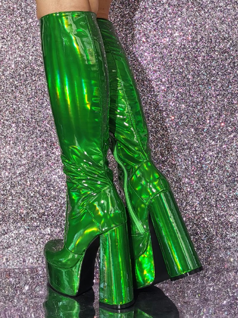 Bottes Hautes Métalliques Pour Femmes Sexy À Plateforme Talons Épais Pu Breveté - Vert