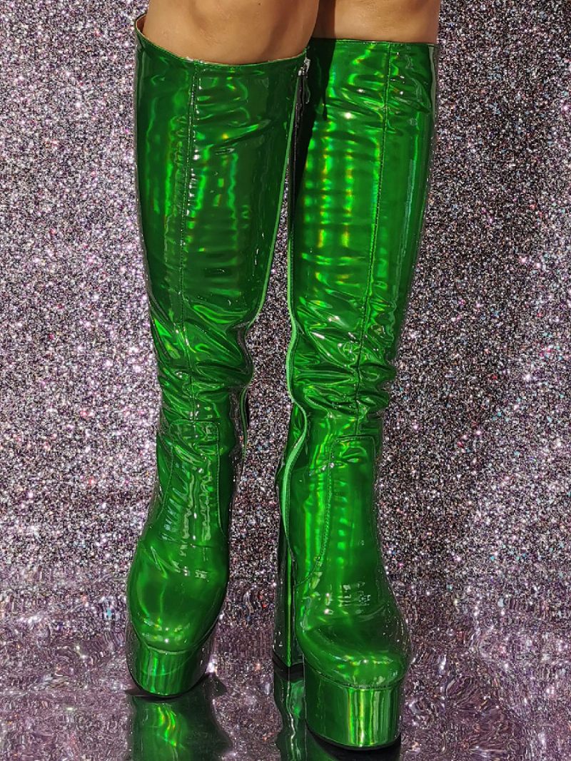 Bottes Hautes Métalliques Pour Femmes Sexy À Plateforme Talons Épais Pu Breveté - Vert