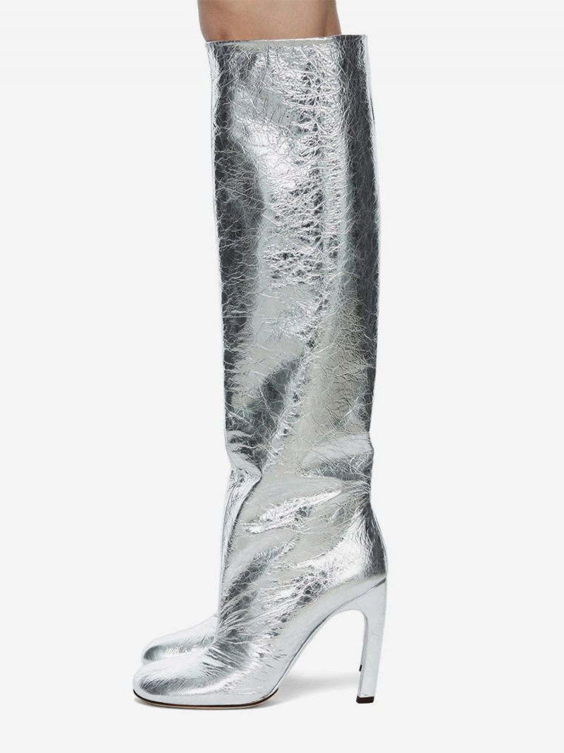 Bottes Hautes Métalliques Pour Femmes Talon Aiguille Mollet Large Soirée Bal Fin D'année - Argent