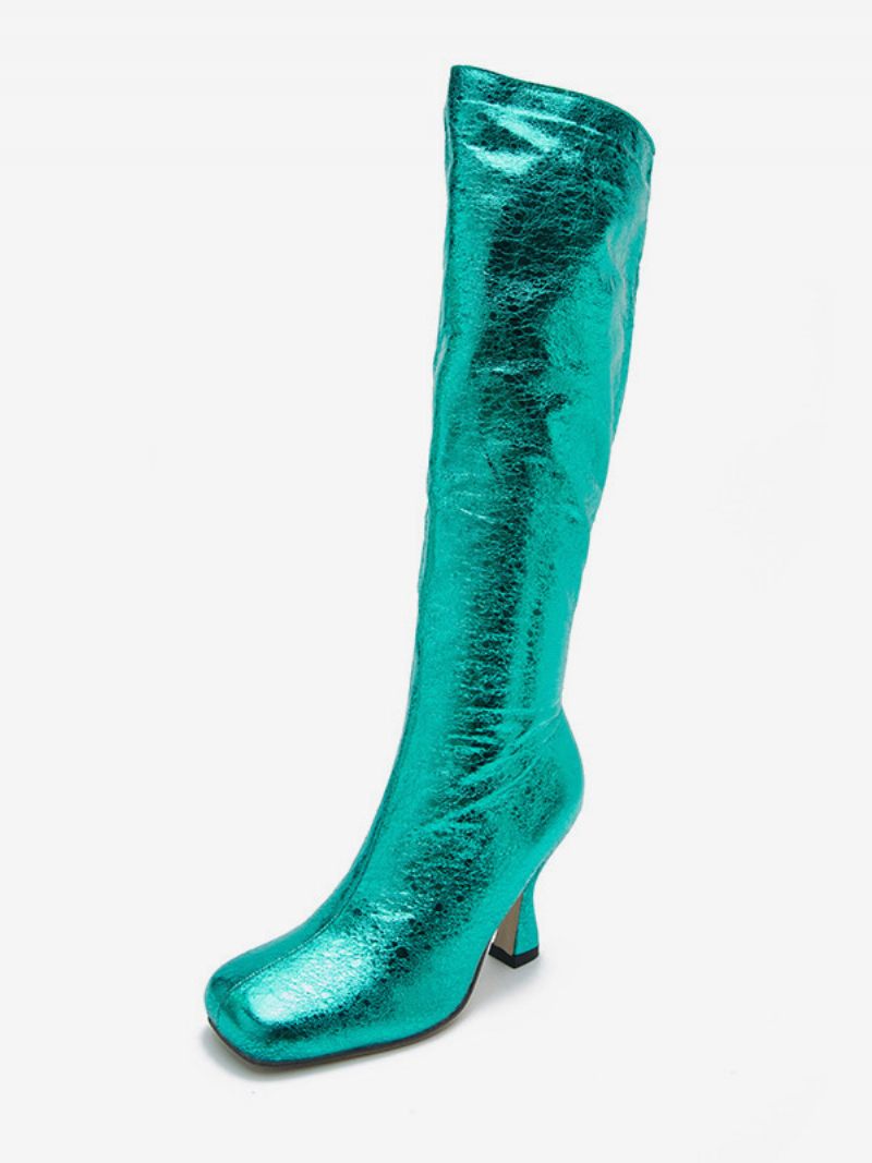 Bottes Hautes Métalliques Pour Femmes À Talons Hauts Bout Carré - Vert