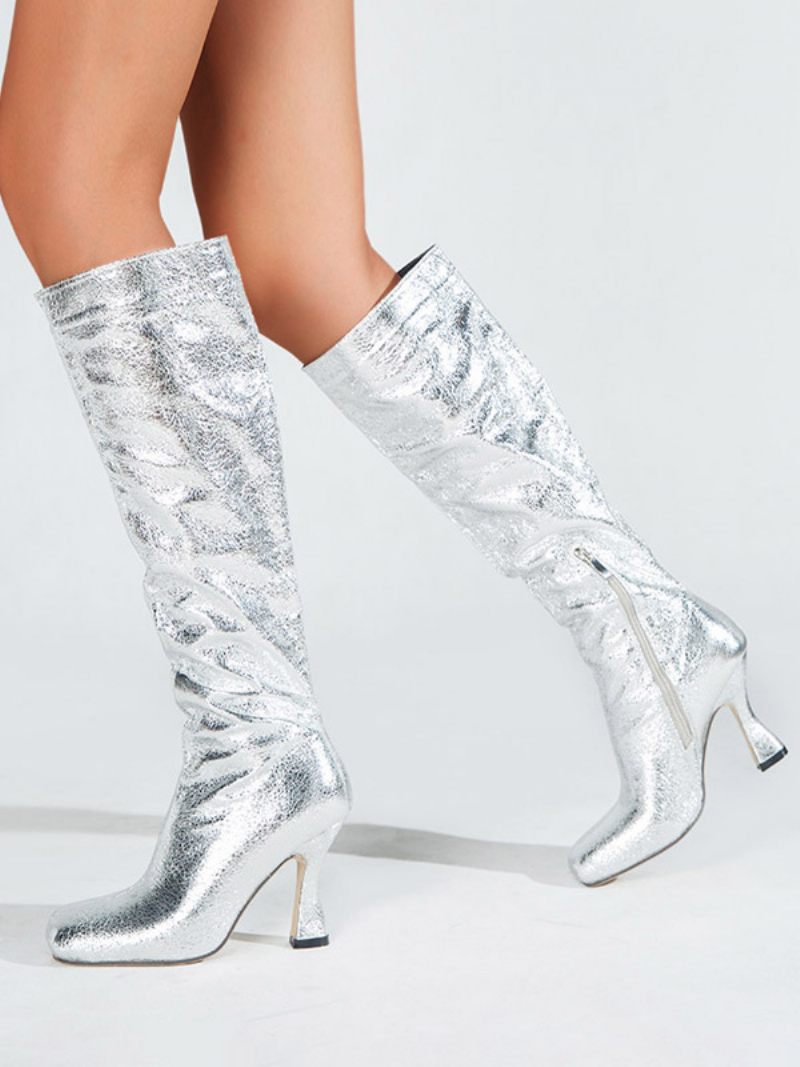 Bottes Hautes Métalliques Pour Femmes À Talons Hauts Bout Carré - Argent