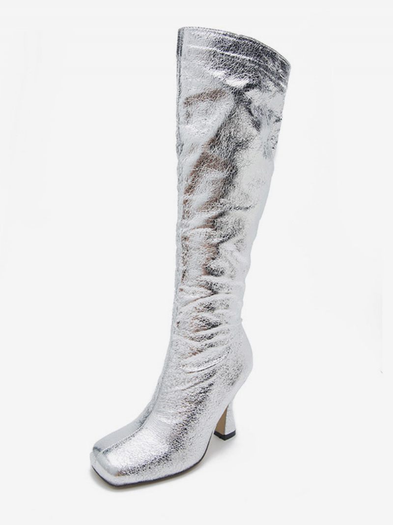 Bottes Hautes Métalliques Pour Femmes À Talons Hauts Bout Carré - Argent