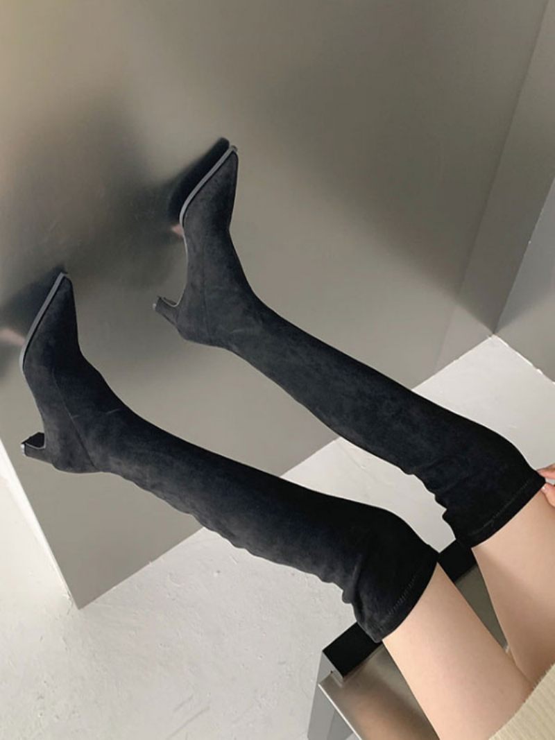 Bottes Hautes Micro-daim À Talons Épais Pour Femmes - Noir