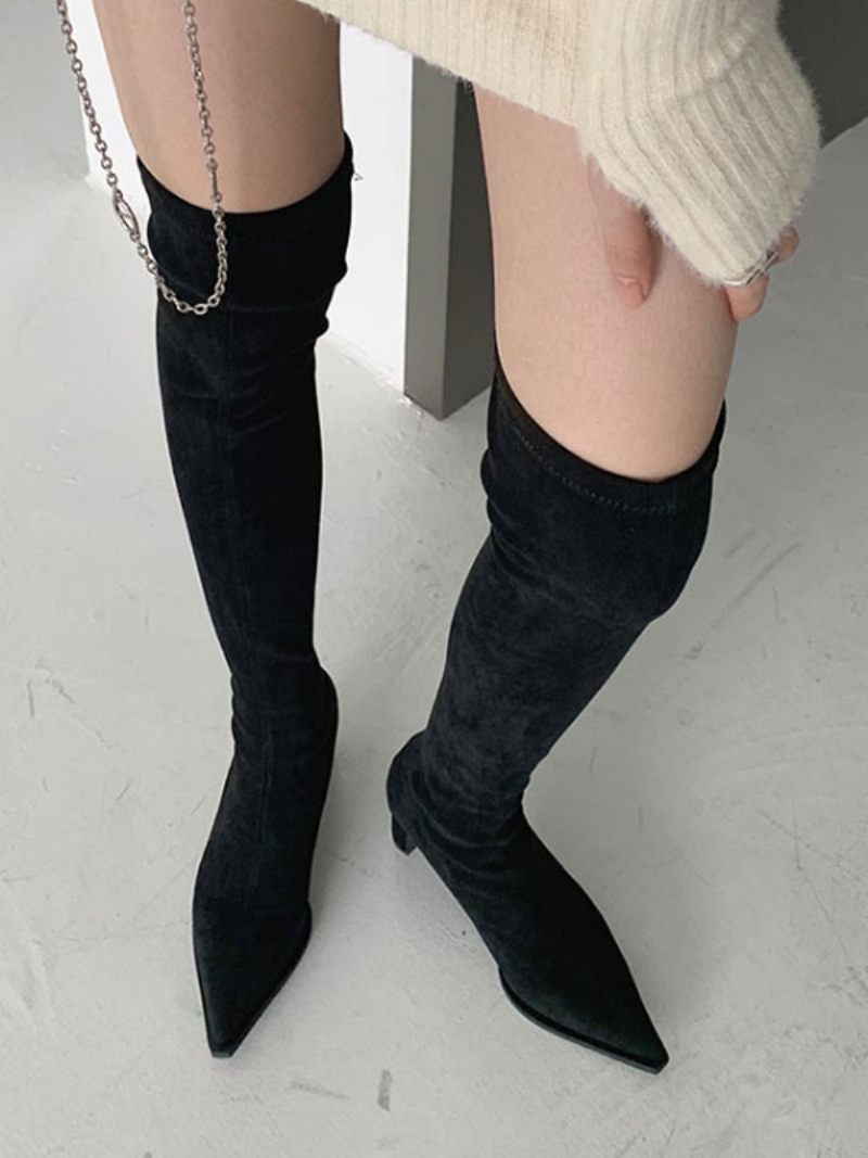 Bottes Hautes Micro-daim À Talons Épais Pour Femmes - Noir