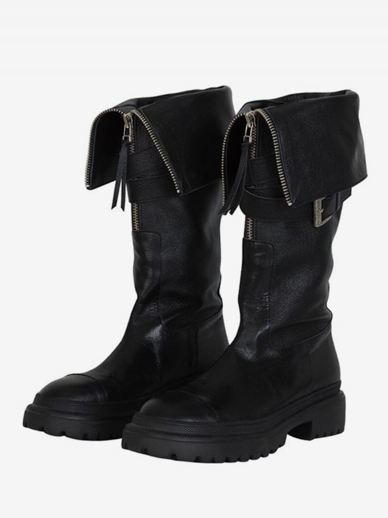 Bottes Hautes Noires Au Genou Pour Femmes Plates Avec Boucle Et Détails