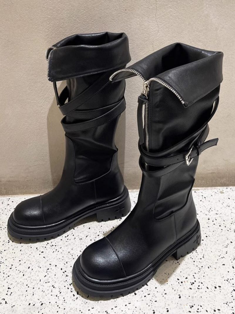 Bottes Hautes Noires Au Genou Pour Femmes Plates Avec Boucle Et Détails - Noir