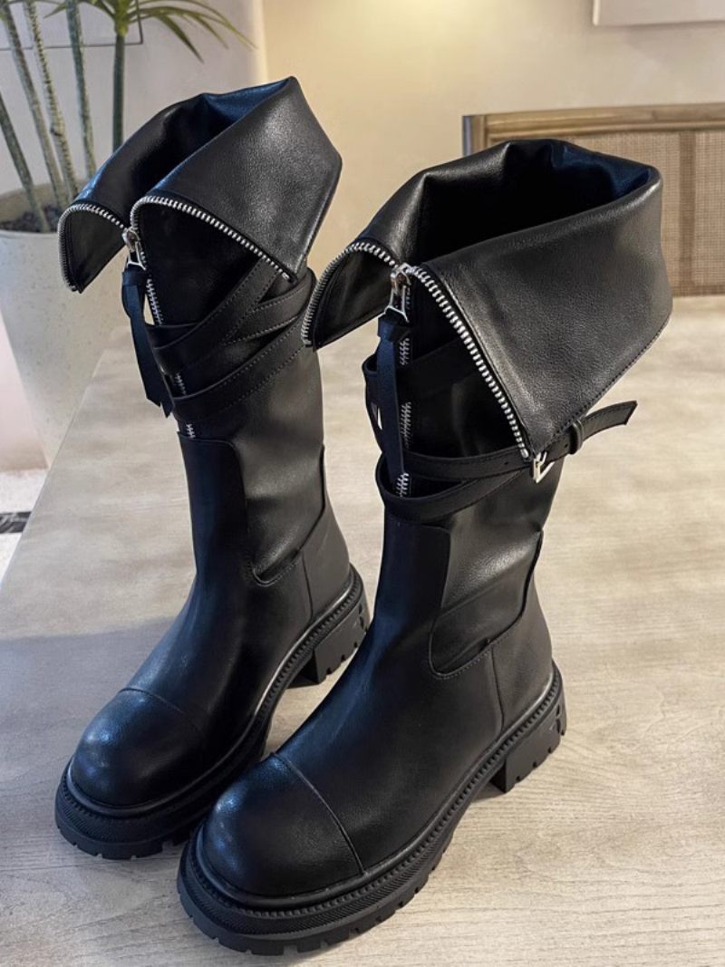 Bottes Hautes Noires Au Genou Pour Femmes Plates Avec Boucle Et Détails - Noir