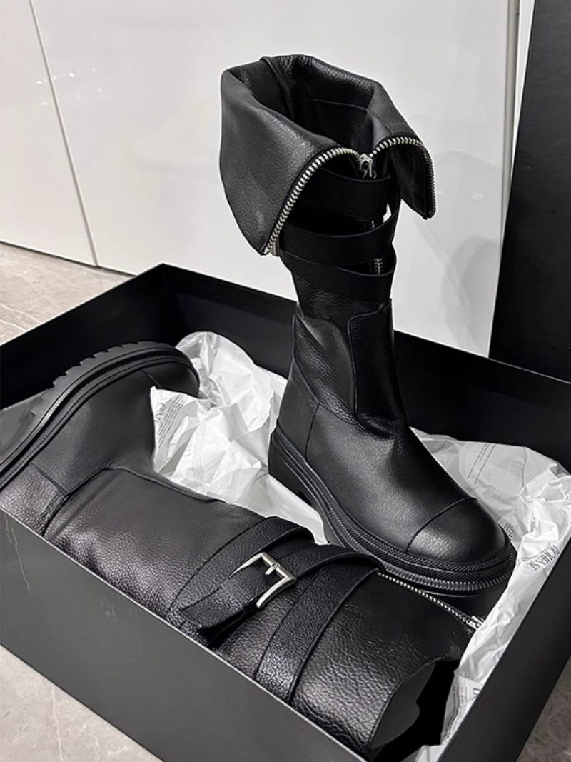 Bottes Hautes Noires Au Genou Pour Femmes Plates Avec Boucle Et Détails - Noir