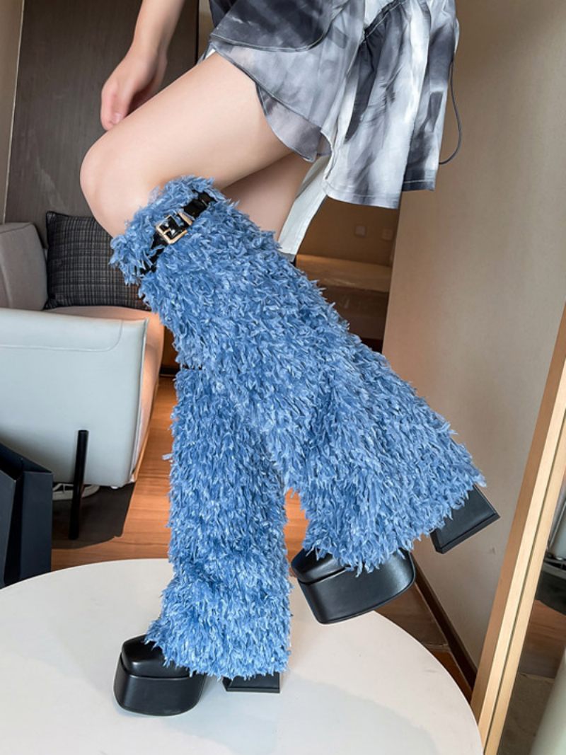 Bottes Hautes Noires Avec Boucle À Plateforme Et Détail Fausse Fourrure Pour Femmes