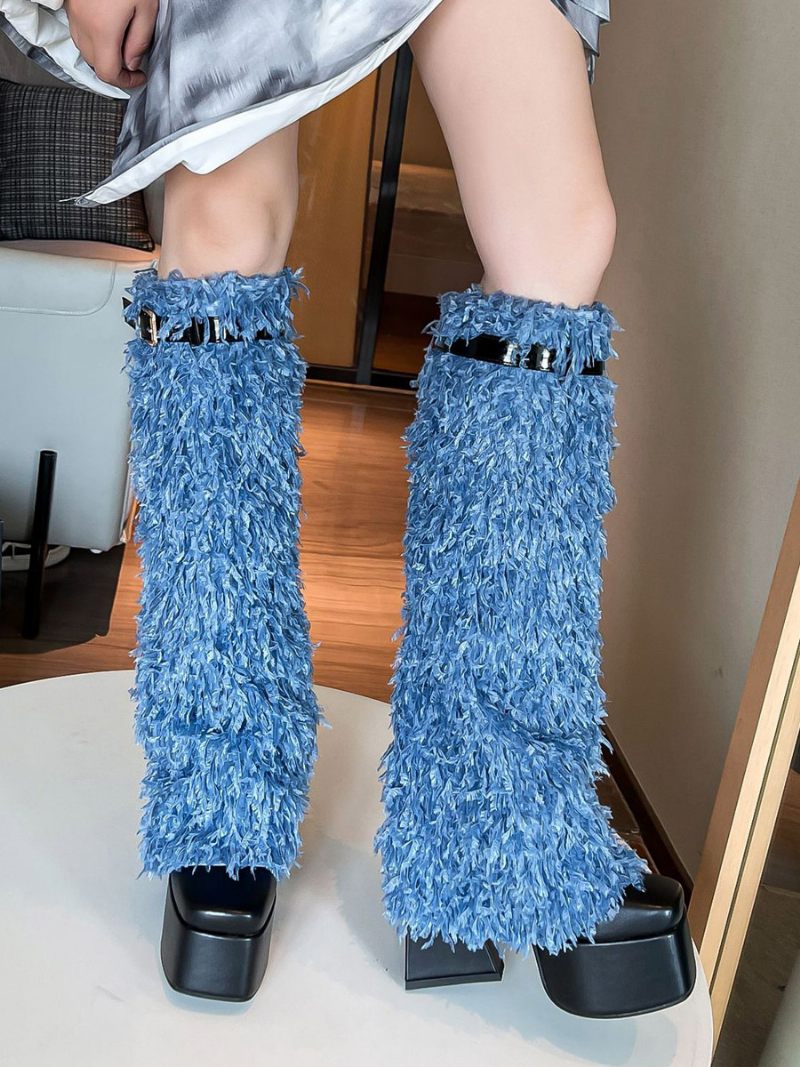 Bottes Hautes Noires Avec Boucle À Plateforme Et Détail Fausse Fourrure Pour Femmes - Bleu Ciel Clair