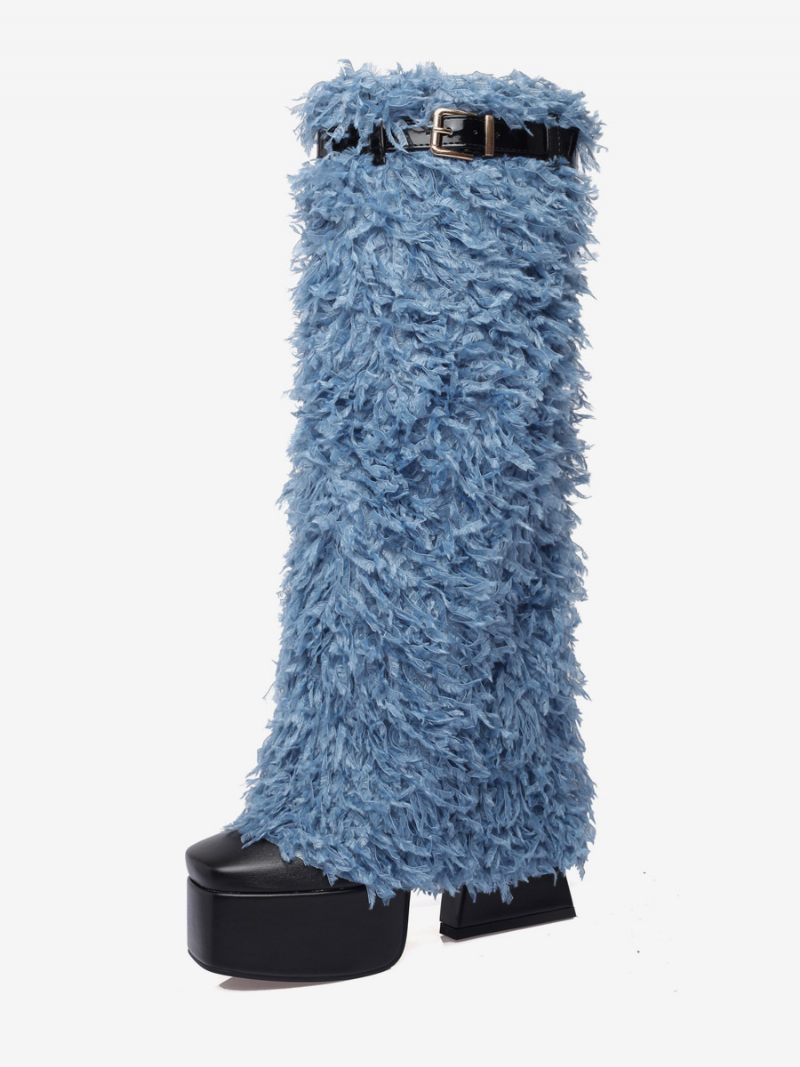 Bottes Hautes Noires Avec Boucle À Plateforme Et Détail Fausse Fourrure Pour Femmes - Bleu Ciel Clair