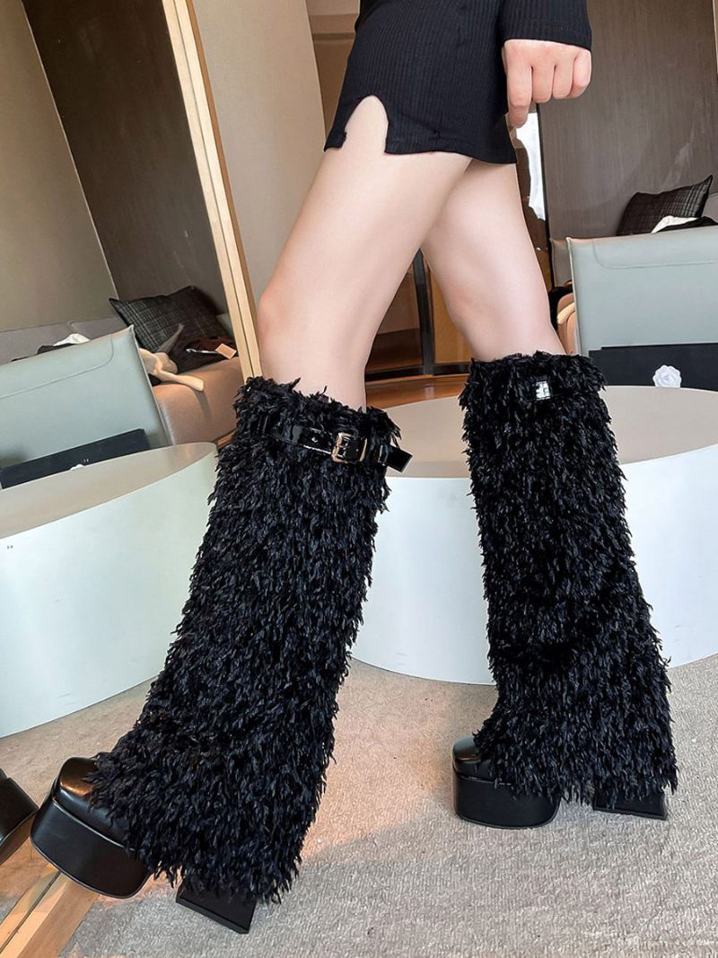 Bottes Hautes Noires Avec Boucle À Plateforme Et Détail Fausse Fourrure Pour Femmes - Noir