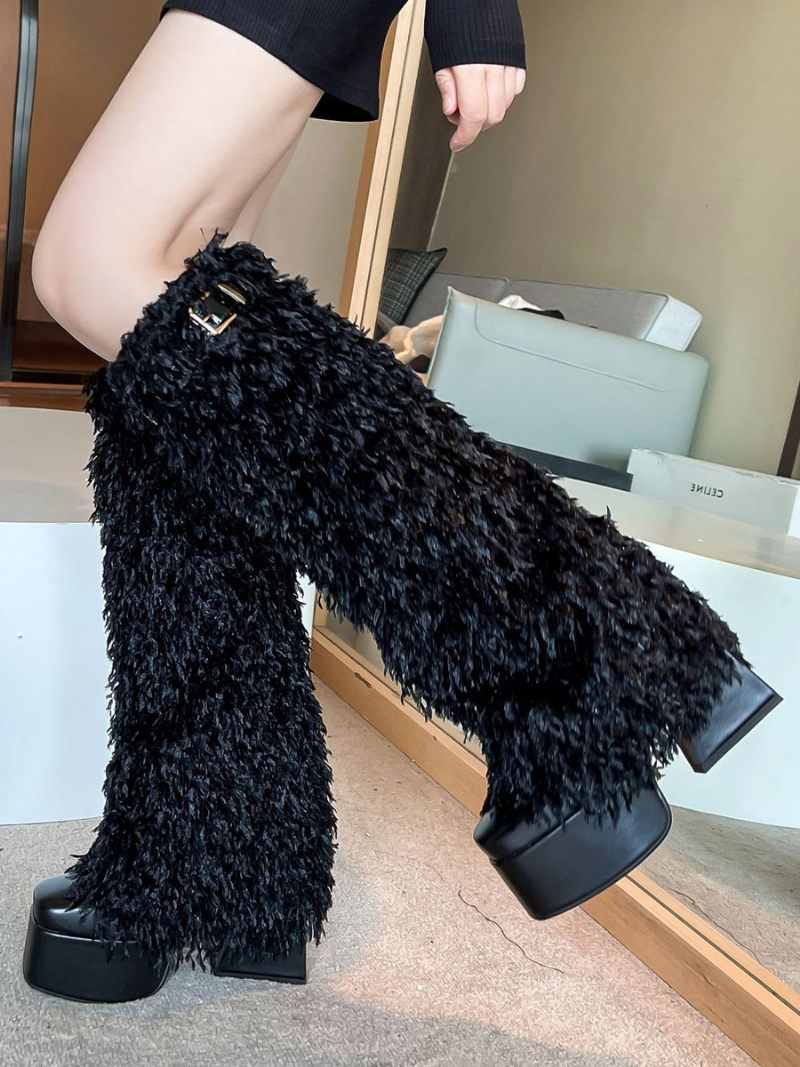 Bottes Hautes Noires Avec Boucle À Plateforme Et Détail Fausse Fourrure Pour Femmes - Noir