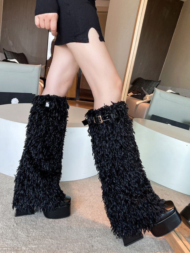 Bottes Hautes Noires Avec Boucle À Plateforme Et Détail Fausse Fourrure Pour Femmes - Noir