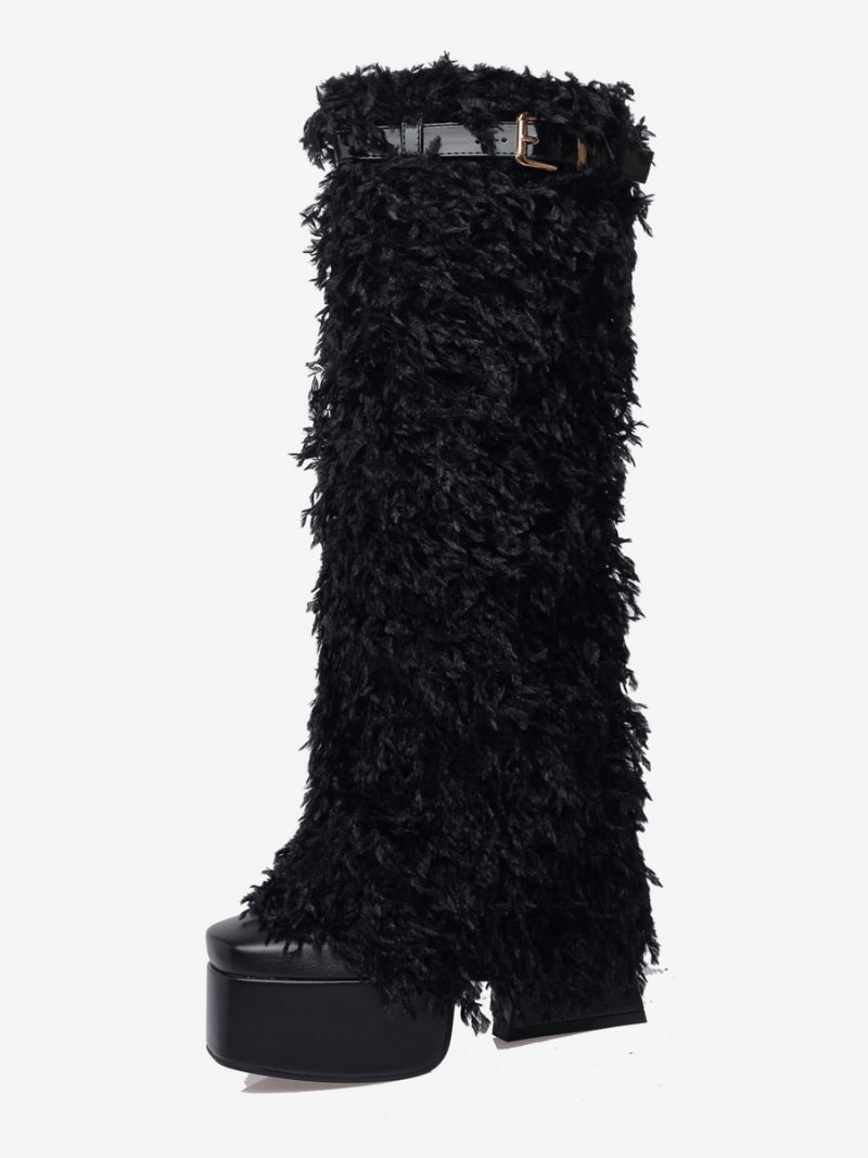 Bottes Hautes Noires Avec Boucle À Plateforme Et Détail Fausse Fourrure Pour Femmes - Noir