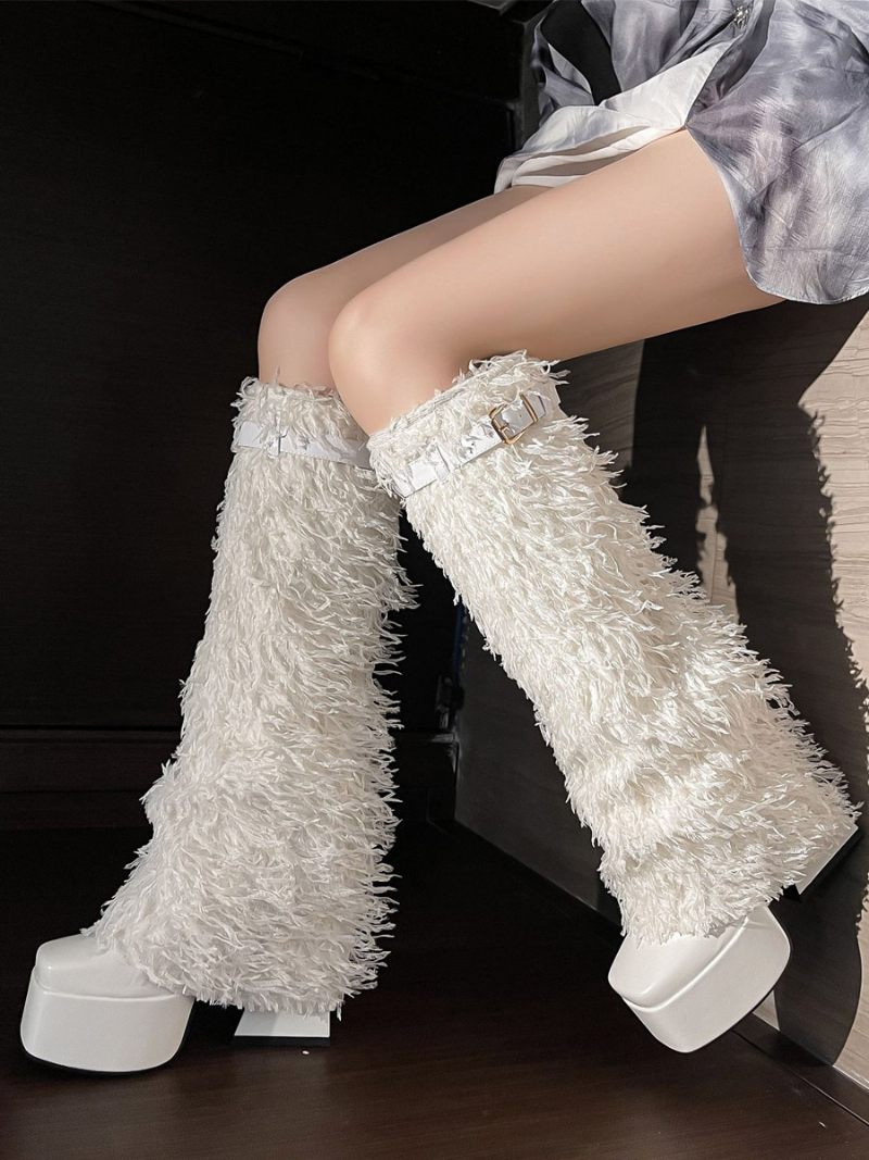 Bottes Hautes Noires Avec Boucle À Plateforme Et Détail Fausse Fourrure Pour Femmes - Blanc