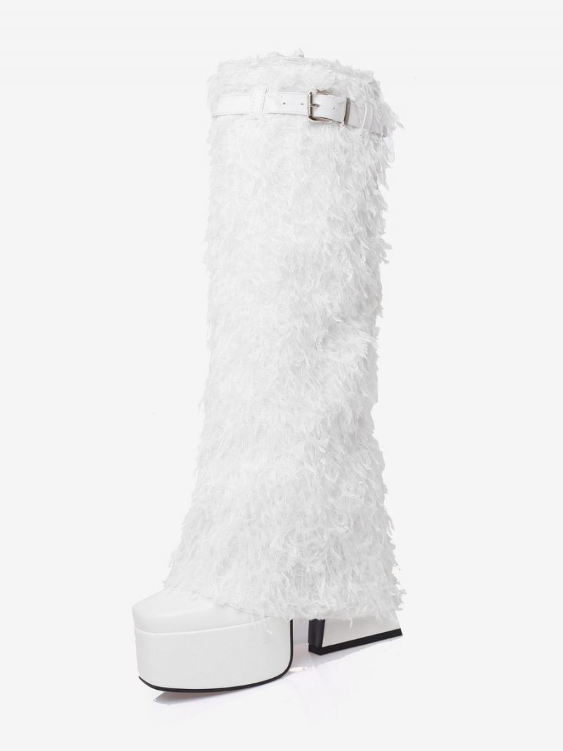 Bottes Hautes Noires Avec Boucle À Plateforme Et Détail Fausse Fourrure Pour Femmes - Blanc