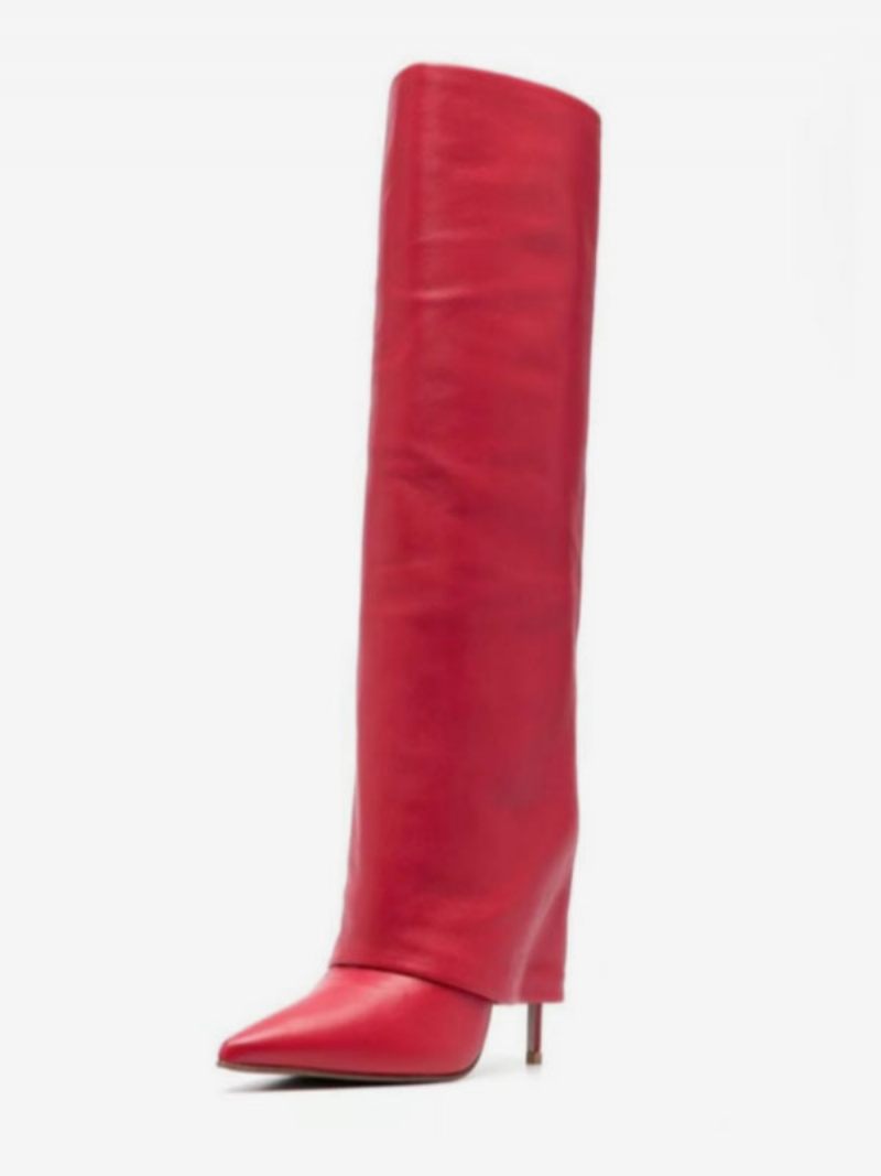 Bottes Hautes Noires À Bout Pointu Et Repliables Pour Femmes - Rouge