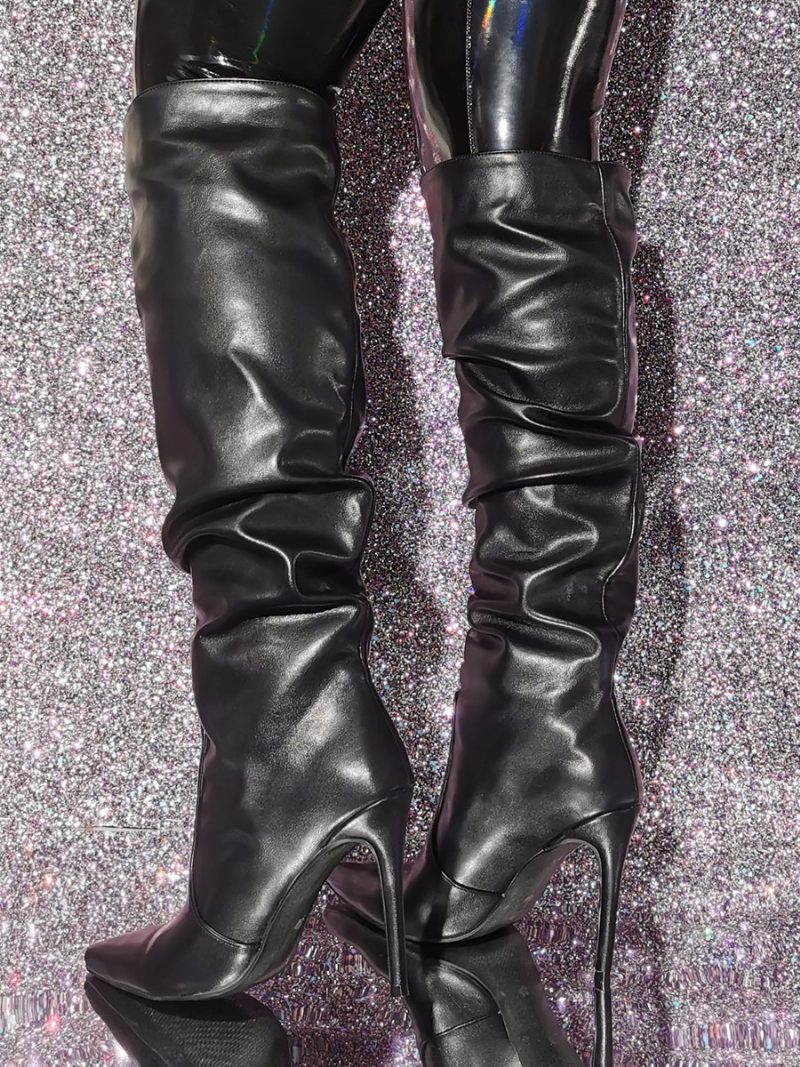 Bottes Hautes Noires À Bout Pointu Et Talons Hauts Pour Femmes - Noir