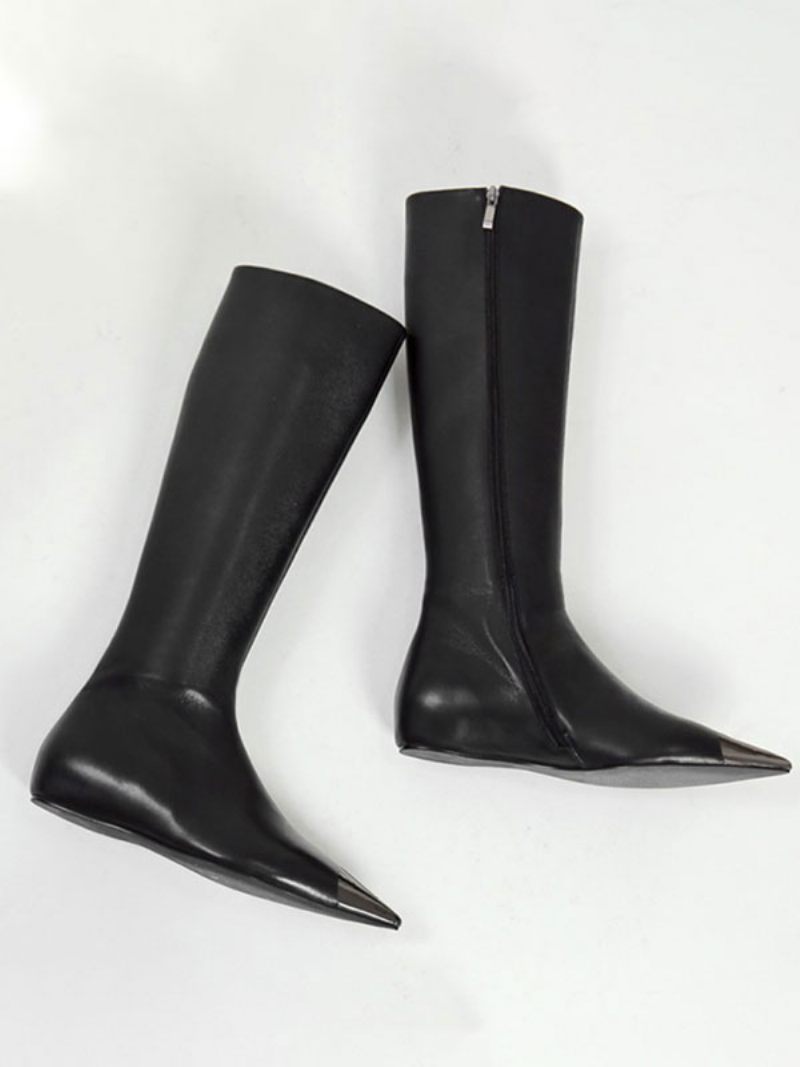 Bottes Hautes Noires À Bout Pointu Plates Au Genou Pour Femmes - Noir