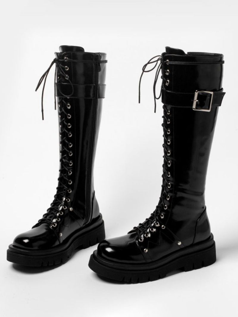 Bottes Hautes Noires À Bout Rond Bretelles Réglables Plates-formes Décontractées Quotidiennes Pour Femmes - Noir