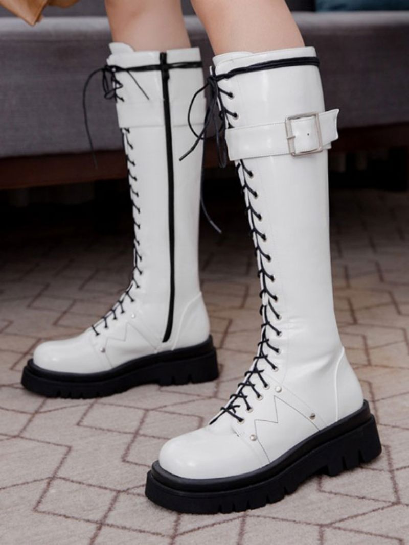 Bottes Hautes Noires À Bout Rond Bretelles Réglables Plates-formes Décontractées Quotidiennes Pour Femmes - Blanc