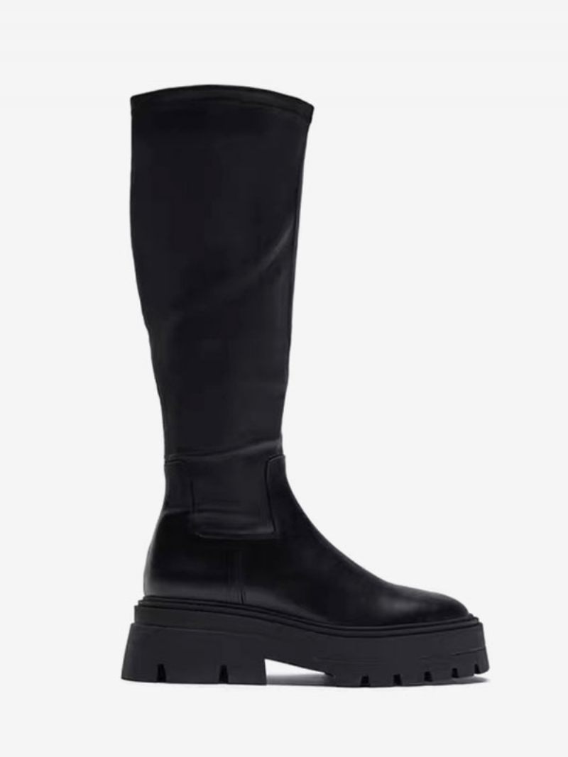 Bottes Hautes Noires Pour Femmes Au Genou À Plateforme Et Bout Rond - Noir