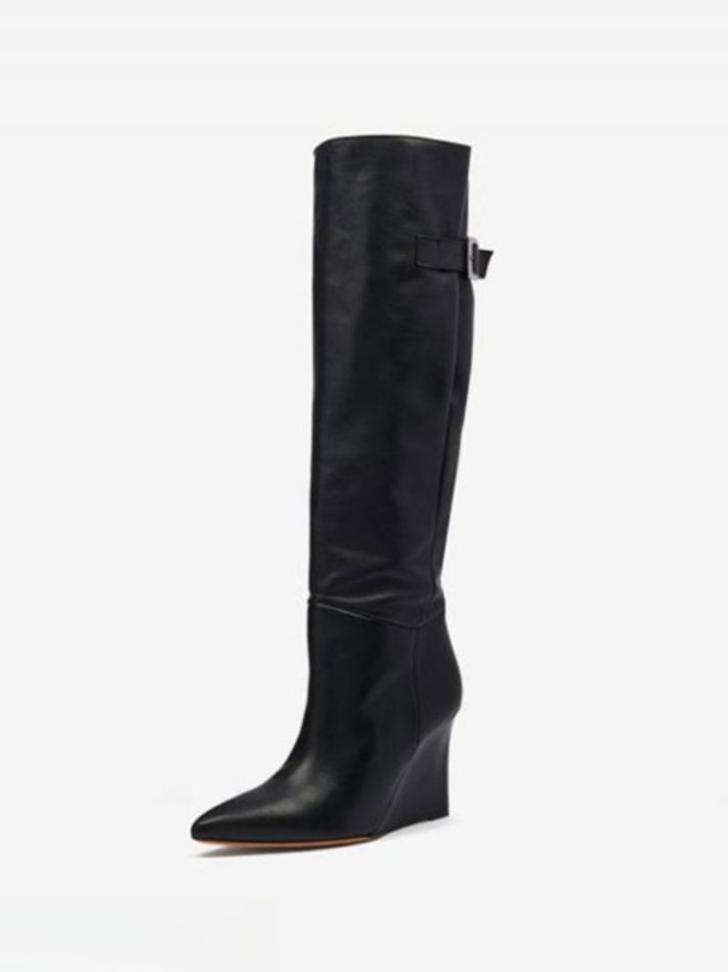 Bottes Hautes Noires Pour Femmes Bout Pointu Compensées Métal Avec Détail Au Genou - Noir