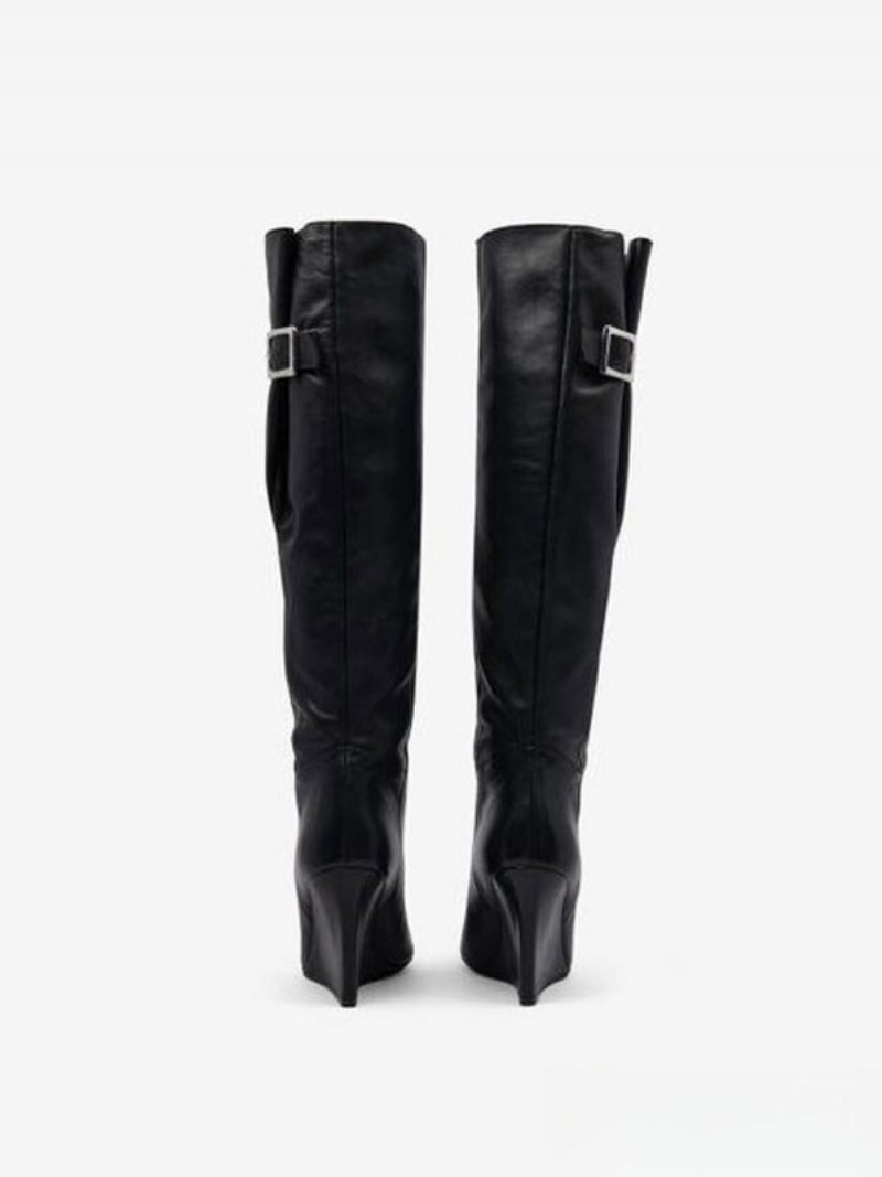 Bottes Hautes Noires Pour Femmes Bout Pointu Compensées Métal Avec Détail Au Genou - Noir