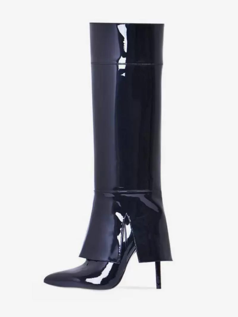 Bottes Hautes Noires Pour Femmes Bout Pointu Cuir Verni Talon Haut Repliées - Noir