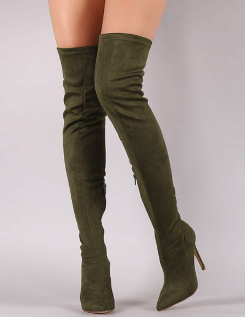 Bottes Hautes Noires Pour Femmes Bout Pointu Cuissardes Daim Élastiques - Vert Chasseur