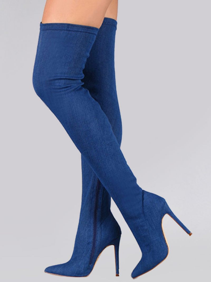 Bottes Hautes Noires Pour Femmes Bout Pointu Cuissardes Daim Élastiques - Bleu Royal