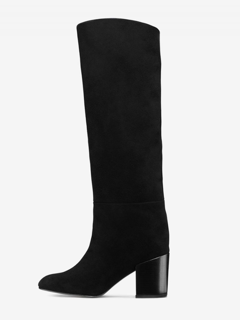 Bottes Hautes Noires Pour Femmes À Bout Pointu Et Talons Blocs - Noir