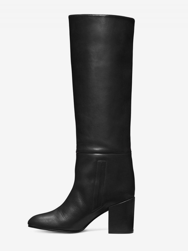 Bottes Hautes Noires Pour Femmes À Bout Pointu Et Talons Blocs - Pu Noir