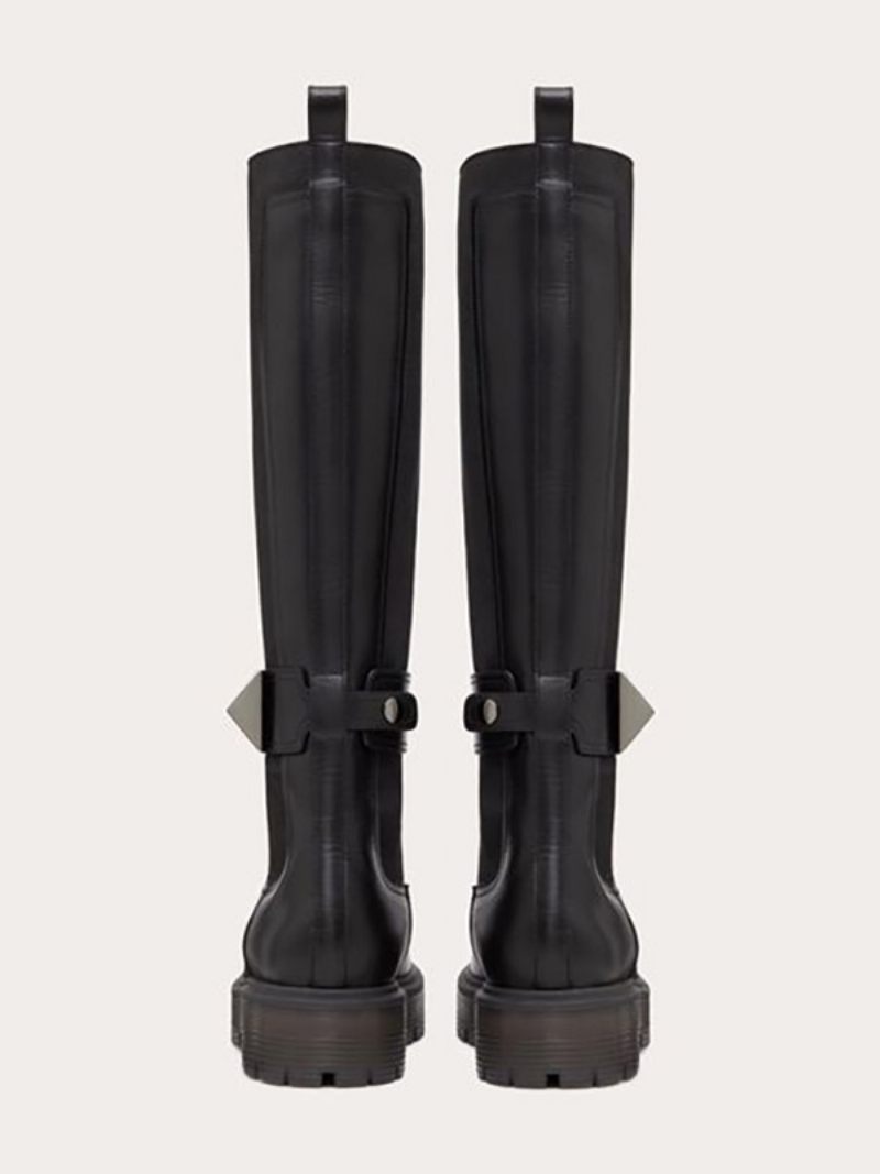 Bottes Hautes Noires Pour Femmes Chelsea À Détails Rivets Longueur Au Genou - Pu Noir