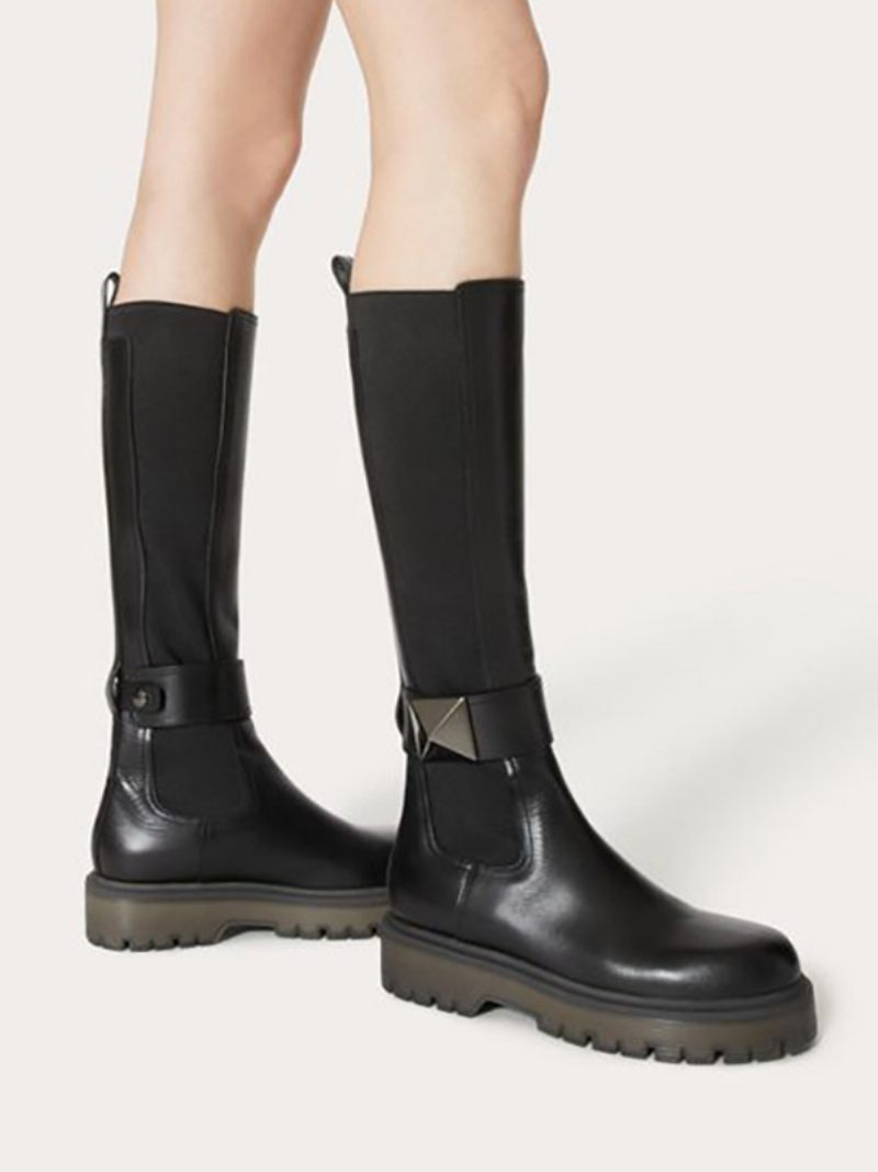 Bottes Hautes Noires Pour Femmes Chelsea À Détails Rivets Longueur Au Genou - Pu Noir