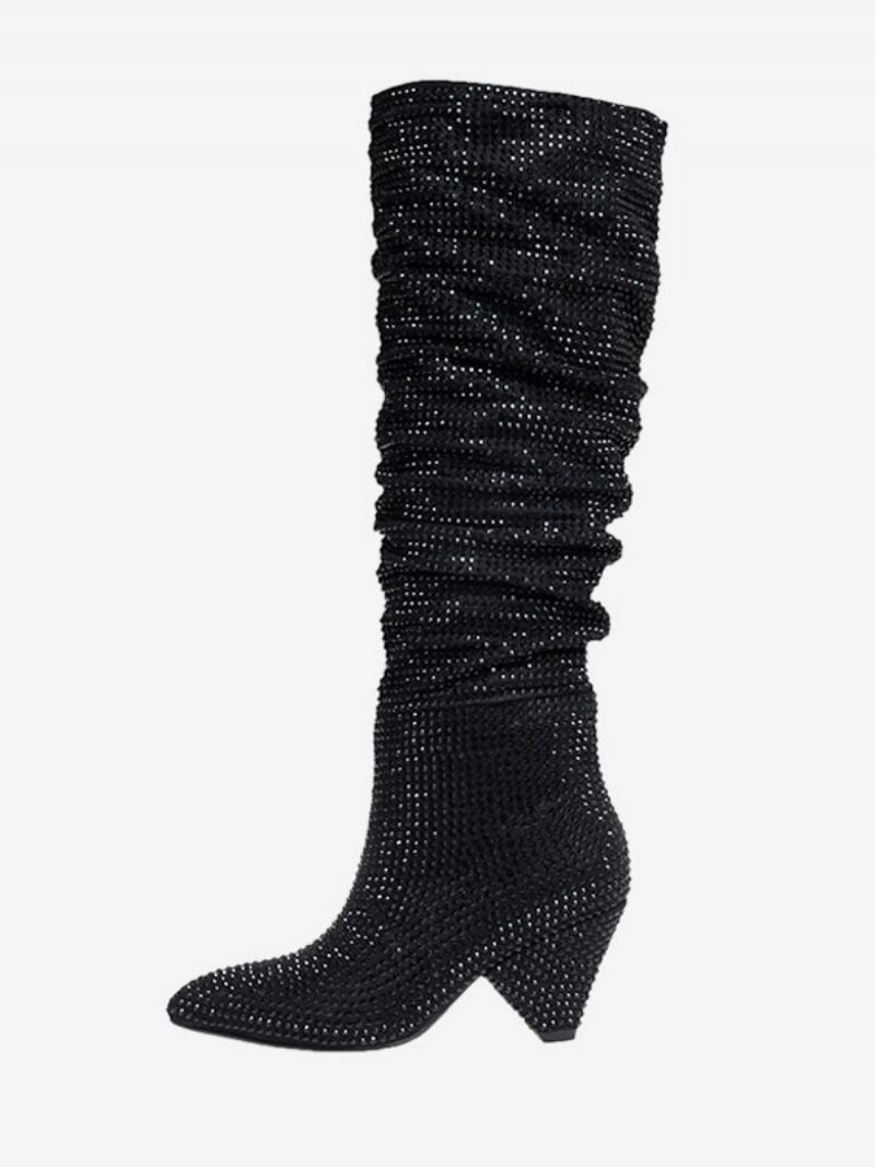 Bottes Hautes Noires Pour Femmes Cuir Pu Avec Strass Talon Conique Longueur Au Genou