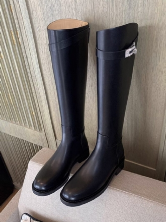 Bottes Hautes Noires Pour Femmes D'équitation Plates À Bout Rond Et Détail Verrouillage