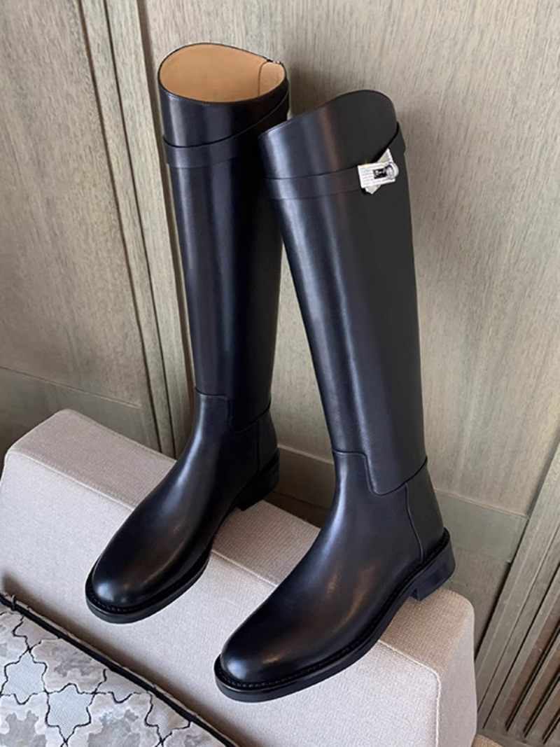 Bottes Hautes Noires Pour Femmes D'équitation Plates À Bout Rond Et Détail Verrouillage - Noir