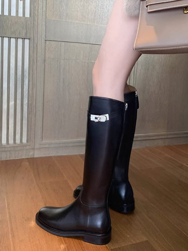 Bottes Hautes Noires Pour Femmes D'équitation Plates À Bout Rond Et Détail Verrouillage - Noir