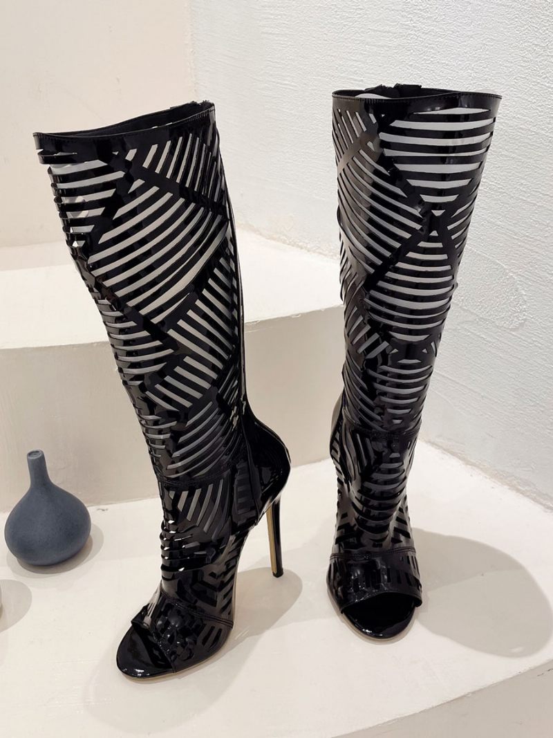 Bottes Hautes Noires Pour Femmes Sandales À Bout Ouvert Et Talon Aiguille Découpées - Noir