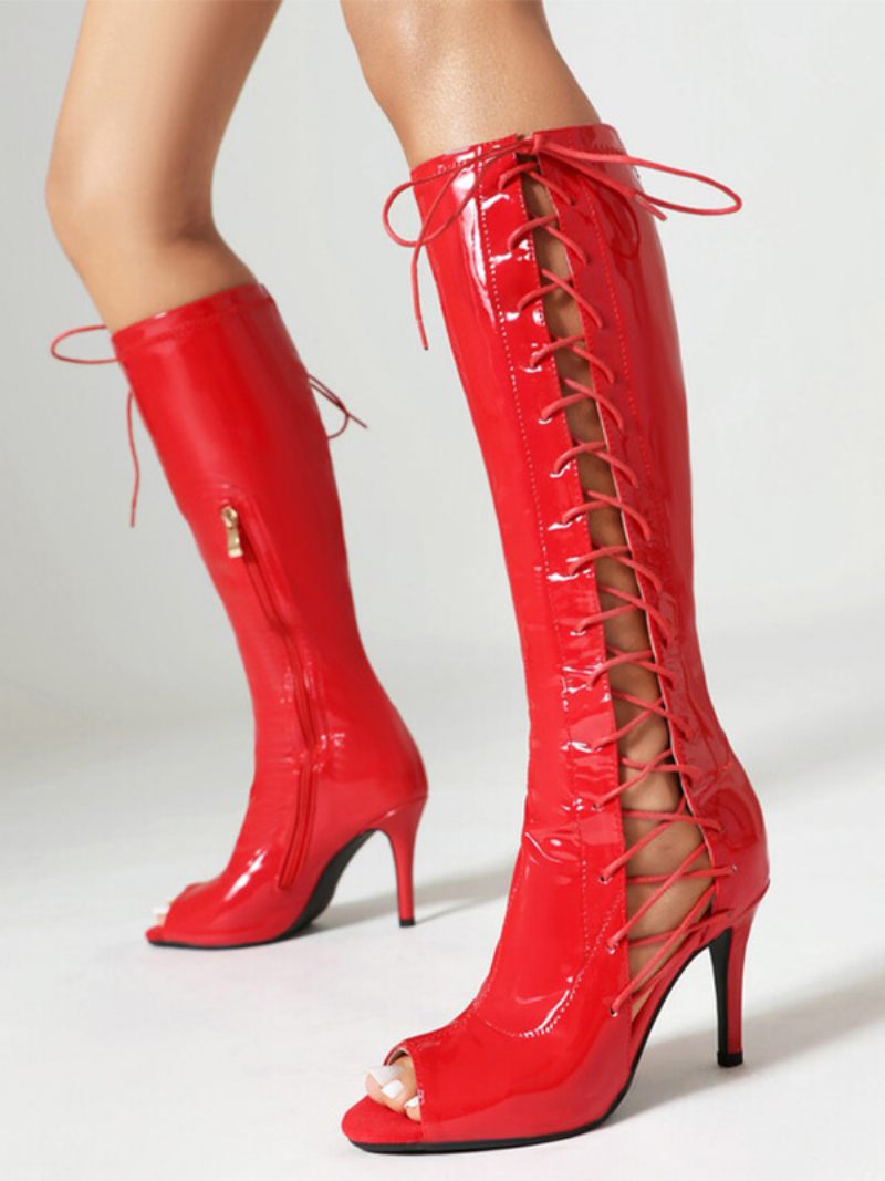 Bottes Hautes Noires Pour Femmes Sandales À Talons Hauts Lacets Et Bout Ouvert - Rouge